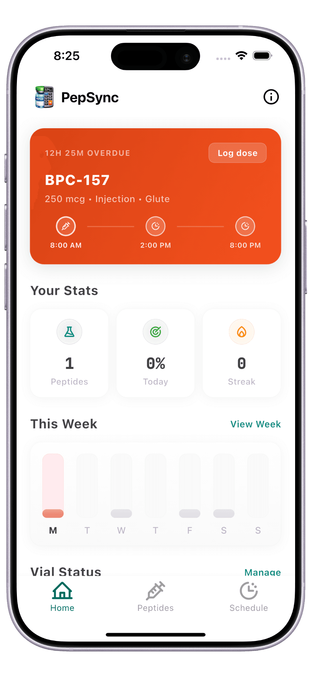 The PepSync app home screen with saved peptides and today’s doses